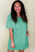 Mineral Wash Floral Applique Raw Edge Short Sleeve T Shirt Dress With Pockets